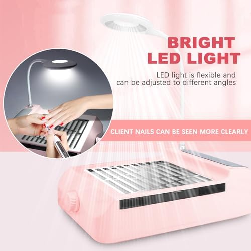 AONOLOVO Nail Dust Collector, Adjustable Suction, Professional Nail Fan Dust Collector with Light Manicure Dust Collector Nail Tech Vacuum Cleaner Machine for Acrylic Nails Removal, Pink