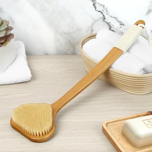 Bamboo Back Scrubber with Curved Long Handle, 17.3 Inches Exfoliating Shower Brush with Stiff Bristles for Men and Women, Back Washer Body Exfoliator for Bath or Dry Brushing