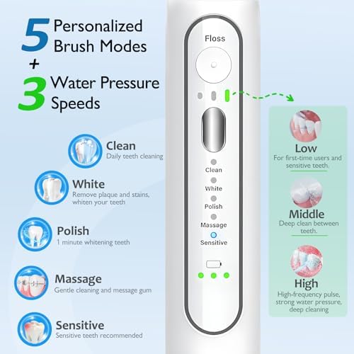 Electric Toothbrush with Water Flosser - Wireless Charging 3 in 1 Flossing Toothbrush - 500ML Professional Cordless Brush and Flosser in One - 5 Brush Modes & 3 Floss Speed (White)