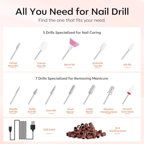 Modelones Electric Nail Drill, 14 Pcs Cordless Nail File with LED Light for Acrylic Gel Dip Powder Nails, Professional Nail Efile Kit with Nail Drill Bits & Sanding Bands for Quick Manicure Pedicure
