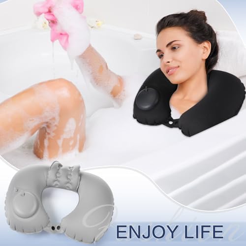 2 Pcs Inflatable Bath Pillows for Tub Bath Head and Neck U Shaped Blow up Full Body Travel Pillow with Adjustable Button Grey and Black Bath Tub Pillows for Airplanes Shower Spa