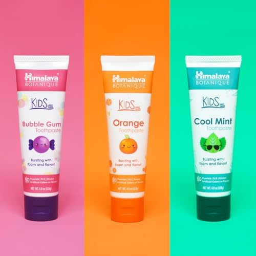 Himalaya Botanique Kids Toothpaste with Xylitol, Variety Pack of Bubble Gum, Orange & Cool Mint - Fluoride Free Toothpaste - Vegan, Gluten Free, No Artificial Flavors or Colors, 4 oz (Pack of 3)