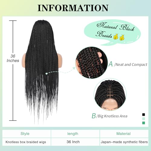 36" Knotless Braided Wigs Lace Front Box Braids Lace Frontal Wig for Women Premium Synthetic Black Hand Full double lace Braid Wig With Baby Hair