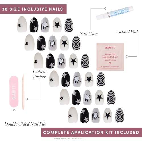 Glamnetic x Hello Kitty® and Friends Press On Nails - Pochacco™ | Short Oval Silver Metallic Graphic Fake Nails in a Chrome Finish | 15 Sizes - 30 Nail Kit with Glue