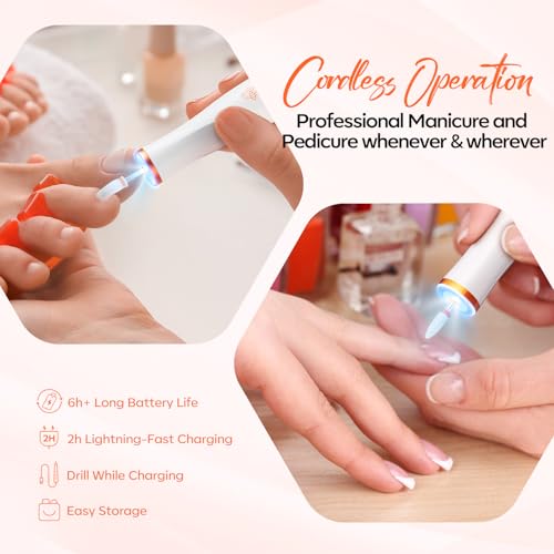 Modelones Electric Nail Drill, 14 Pcs Cordless Nail File with LED Light for Acrylic Gel Dip Powder Nails, Professional Nail Efile Kit with Nail Drill Bits & Sanding Bands for Quick Manicure Pedicure