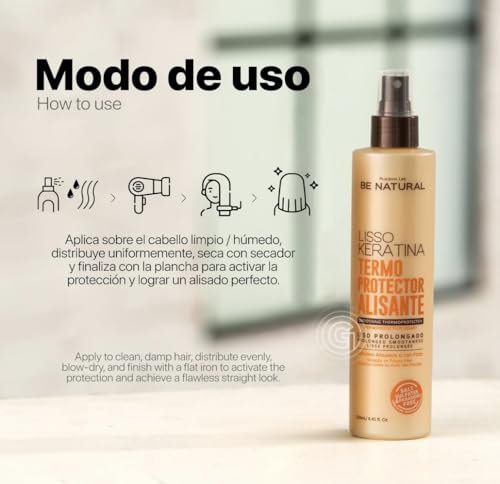 Be Natural Lisso Keratina Heat Protectant Spray for Hair Smoothing, Sulfate-Free, 8.45 fl oz. Termoprotector alisante