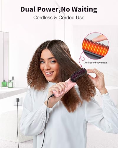 Cordless Hair Straightener Brush - Portable Hair Brush for Travel - 30s Fast Heating - 300 Million Negative Ions for Frizz-Free Shine, Touch Up On-The-Go, Gift for Women,10,000mAh