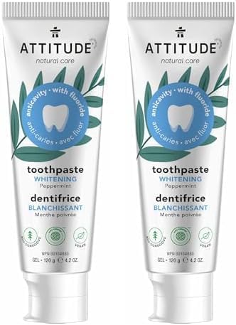ATTITUDE Toothpaste with Fluoride, Prevents Tooth Decay and Cavities, Vegan, Cruelty-Free and Sugar-Free, Whitening, Peppermint, 4.2 Oz (Pack of 2)