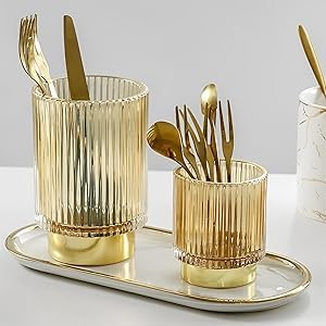 BTGGG Makeup Brush Holder 2 Pack Glass Cosmetic Makeup Brush Organiser for Vanity, Eyeliners, Eyebrow Pencil, Bathroom Toothbrush Holder, Office Storage Cup Desk Pen Holder, Amber (S+L)