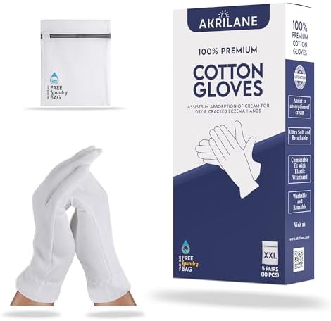 XXL Extra Extra Large 5 Pairs 100% Premium Cotton Gloves for Dry Hands | Moisturizing Overnight Gloves for Eczema, Psoriasis & Skin Spa Treatment for Women & Men | Free Laundry Bag
