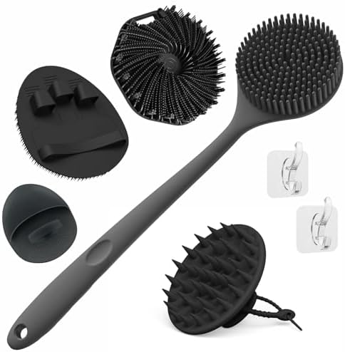 Manmihealth Silicone Back Scrubber & Soft Bath Glove, Silicone Scalp Massager Set 5 PCS, Super-Exfoliating Body Scrubber Shower Brush & Shampoo Brush Combination, with 2 Free Hooks (Style 1 Black)