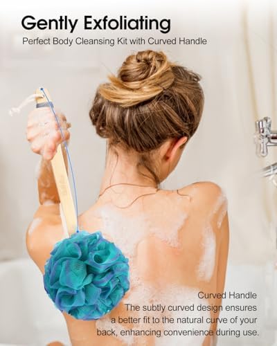 80g Loofah Sponge, Long Handle Loofah for Shower Bath Wash, 4 Extra Large 80g Soft Loofa Pouf, 1 Long Handle Curved Luffa on a Stick, 1 Shower Hook, Body Scrub for Men&Women (4 Color)