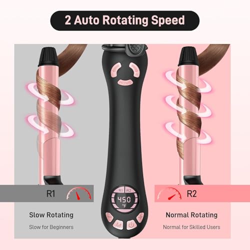 Rotating Curling Iron - 1 Inch Automatic Curling Iron for Fast Long-Lasting Curler Waves, Dual Voltage Automatic Hair Curler with Adjustable Temp and LCD Display for Effortless Beach Waves, Rose Gold
