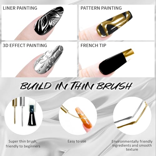 2x12ml Metallic Mirror Nail Polish, Ultra Mirror Silver & Gold Metal Painted Drawing with Thin Brush, Chrome Gel Polish Nail Art Gel Liner Soak Off DIY