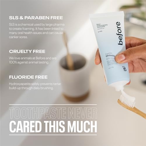 Before | Fluoride Free n-HA Whitening Toothpaste | Natural, Nano Hydroxyapatite Helps Strengthen Teeth & Remineralize Enamel for Oral Health, Lasting Mint Flavor, Made in The USA — 4.4oz