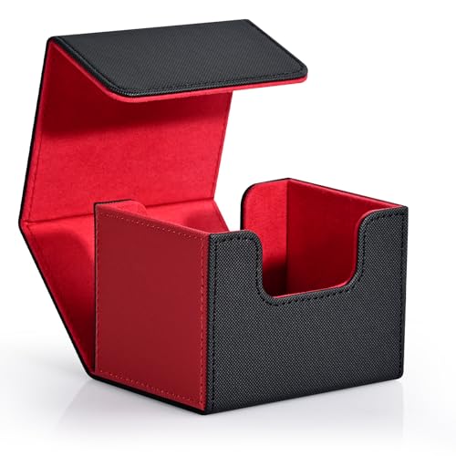 ZLCA Card Deck Box for Trading Cards, MTG Commander Deck Box Holds 120+ Single Sleeved Cards, Leather Magnetic Card Storage Box Fits for TCG CCG Magic Cards (Red& Black)