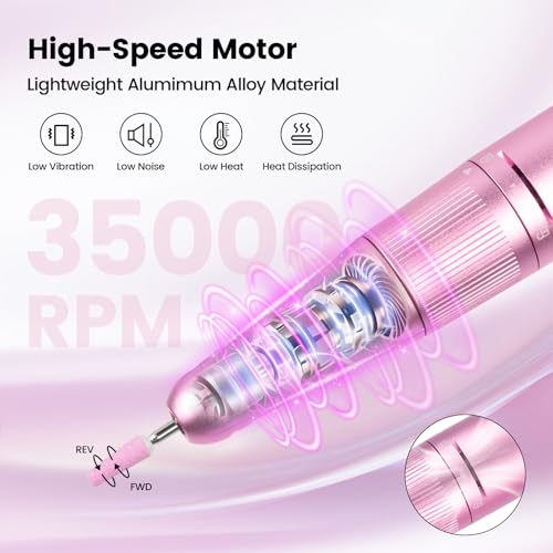 Lavinda Professional Nail Drill 35000 RPM – Cordless Electric Nail File Kit with Heart Display, Rechargeable E File Machine with 6 Bits, Quiet Nail Drill for Acrylic Gel Nails, Home & Salon-Pink