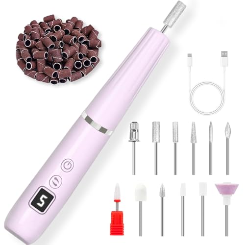 AOMEES Portable Electric Nail File, Cordless Nail Drill with Light for Acrylic, Gel Nails, 12 in 1 Personal Polish Manicure Tools with Nail Drill Bits for Salon Home Use (Lavender)