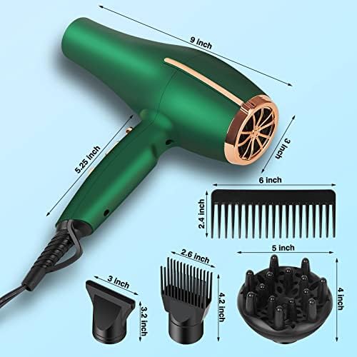 2000 Watt Negative Ionic Hair Dryer, Professional Salon Blow Dryer, Low Noise Fast Drying & Powerful AC Motor and Diffuser Comb for Men Women,3 Heat & 2 Speed Settings, Easy to Use- Green