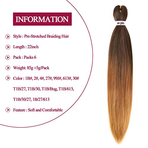 Pre Stretched Braiding Hair 22 Inch 6 Packs Professional Soft Yaki braiding Hair For Braids Hot Water Setting Synthetic Crochet Hair Extensions (T1B/30/27, 22 Inch (Pack of 6))