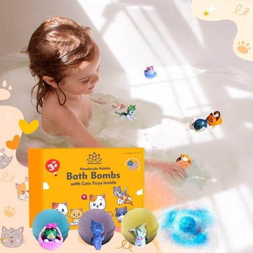 Made in USA 6 Bath Bombs for Kids Set with Cat Toys Surprise Inside for Kids - Surprise Cute Cats Inside Each Fizzy Bath Ball - Natural and Safe for Girls, Boys, Teens - Perfect for Gift - Handmade