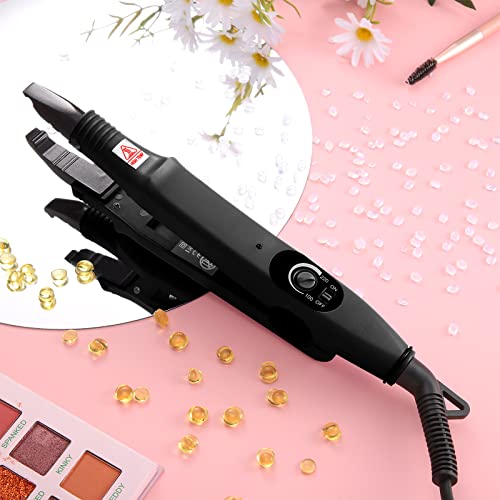 Hair Extensions Iron Fusion Keratin Heat Tool Heat Connector Wand with Fusion Glue Protector Template Hair Clip Finger Protector 2 Bag Keratin Glue Granule Bead(Black)