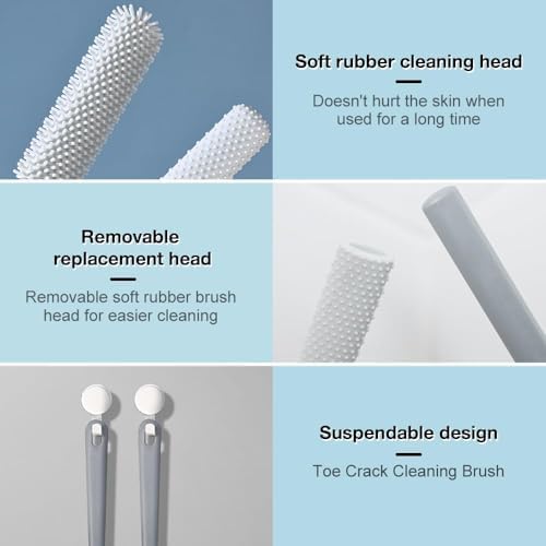 Toe Gap Cleaning Brush, Upgrade Long Handle Silicone Toe Crevice Soft Rubber Cleaner, Exfoliating Brush in Shower, Soft Cleaning Bath Brush Feet Cleaner Scrub Foot Care for Seniors, Elderly (Gray)