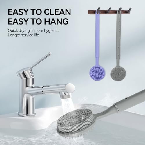 Back Scrubber for Shower, (16-24 Inch) Extendable Bath Brush Long Handle for Shower, Silicone Body Scrubber with Handle, Back Brush for Shower Men and Women,Easy to Clean (Gray)