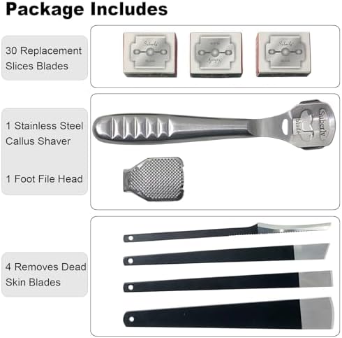 36 Pcs Callus Shaver for Feet Set, (1Stainless Foot File &1 Foot File Heads & 30 Replacement Slices Blades & 4 Pedicure Knife), Professional Callus Remover for Feet Tools for Wet and Dry Feet