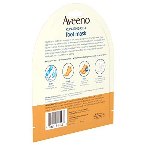 Aveeno Repairing CICA Foot Mask with Prebiotic Oat and Shea Butter, Moisturizing Foot Mask for Extra Dry Skin, 2 Single-Use Slippers 1 ea