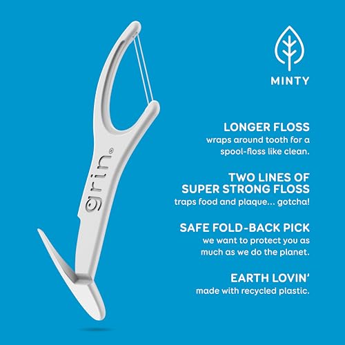 GRIN Double Flosspyx, Floss Picks, 150 ct, Dental Flossers, Minty Flavor, Recycled Plastic, 2 Lines of Strong Floss, Longer Floss Head, Traps Food and Plaque, Includes Safe Soft Fold-Back Tooth Pick