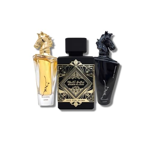 Lattafa for Unisex 3 Piece Eau de Parfum Gift Set (Bade'e Al Oud Oud for Glory + Maahir + Maahir Black Edition for Men) 3.4 Ounce/100 ml each