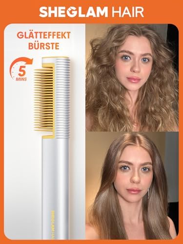 SHEGLAM Straightener Brush 3D Ionic Hair Straightening Brush with 24K Gold Heated Comb, Anti-Scald Design, 60s Fast Heat-Up, Auto-Off, Frizz Control, Sleek & Smooth Styling