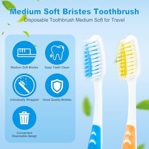 200 pcs Disposable Toothbrushes Individually Wrapped Bulk Toothbrush Pack, Medium Soft Toothbrushes for Adults, Kids, Guests, Travel, Hotel, Nursing, Donation (2 Colors)