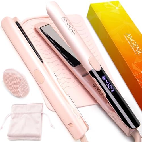 ANGENIL Flat Iron Hair Straightener and Curler 2 in 1, Titanium Dual Voltage Pink Hair Straightener, Anti-Scald Silicone Ionic Flat Iron with Heat Resistant Silicone Mat and Facial Cleansing Brushes