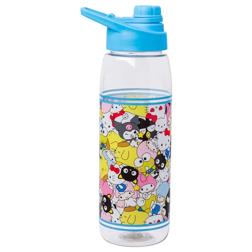 Silver Buffalo Sanrio Hello Kitty and Friends Featuring Badtz-Maru, Keroppi, My Melody, Pochacco, Chococat, Pompompurin, Kuromi, and Little Twin Stars Water Bottle with Screw Lid, 28 Ounces