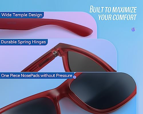 VELAZZIO Polarized Sunglasses for Men Women Fashion Sunglasses UV400 Protection Lightweight (Red Frame Grey Lens)