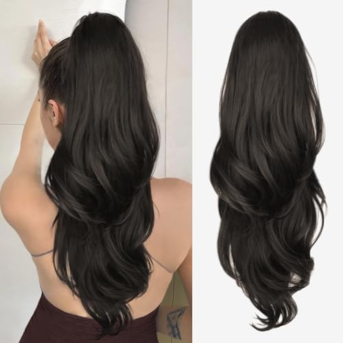 Ponytail Extension, Drawstring Ponytail Extension for Women 26 Inch Long Dark Brown Wavy Layered Pony Tails Hair Extensions Synthetic Clip in Ponytail Hairpiece for Women