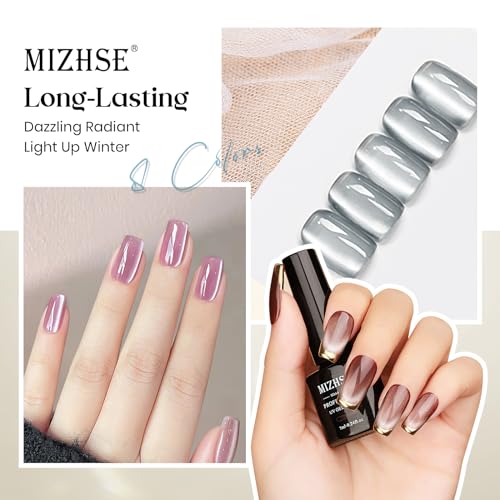 MIZHSE Cat Eye Gel Nail Polish, 8 Colors Ceramic Magnetic Gel Polish Set with Magnet Stick, Glass Effect Crystal Shimmery Silver Brown Green Purple Colors Soak Off Nail Art Salon Home Gift for Women
