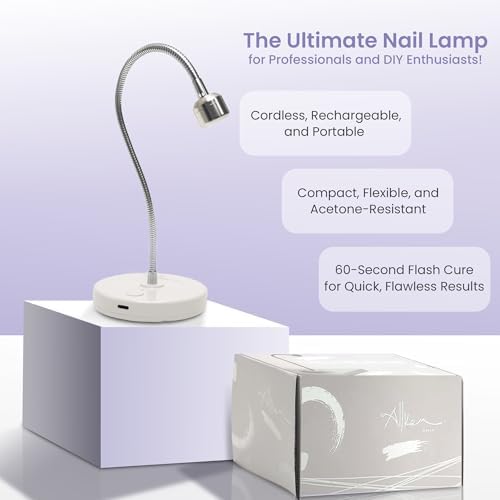 ALLKEM Flash Cure UV Nail Lamp – Gooseneck Gel Nail Light – Cordless Rechargeable LED Curing Lamp for Home & Salon Use – Silver, 3W