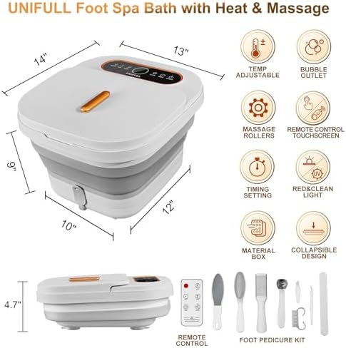 Collapsible Foot Spa Bath with Heat, Touch Screen, Remote Control, Massage Rollers, Timer, Bubble, Foot Pedicure Kit, Temperature Control Pedicure Foot Spa, Foot Bath