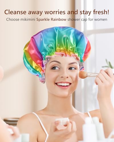 mikimini Sparkle Rainbow Shower Cap for Women Long Hair, Pack of 2,Double Layer Waterproof, X-Large, Reusable, Washable, No Smell, Fashion Bath Cap