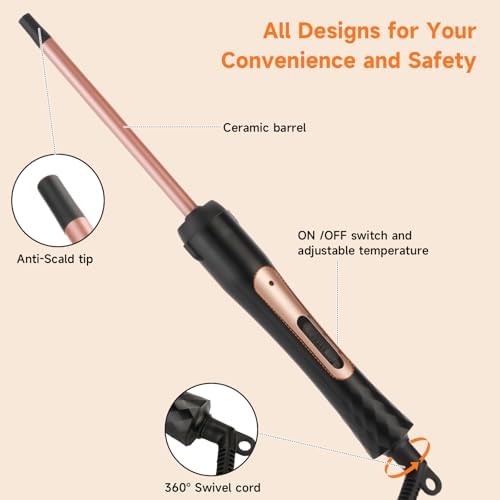3/8 Inch Curling Wand Iron Small Curling Wand Tight Curls Tourmaline Ceramic Barrel for Short & Long Hair Skinny Wand Curler Styler with Clampless 350°F/410°F Temperature Adjustable