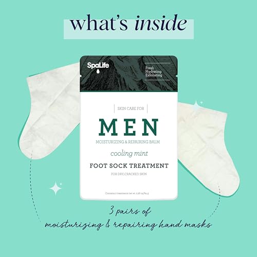 Spa Life Men's Cooling Mint Foot Repair Balm and Moisturizing Socks Set - Revitalizing Hydrating Foot Mask for Soothing Tired, Achy Feet and Softening Dry, Cracked Skin One Size Fits Most- 6 Pairs