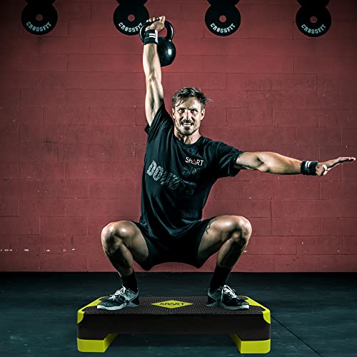 SPART Adjustable Workout Aerobic Stepper, Aerobic Exercise Step Platform with 4 Risers, 3 Levels Adjust 4" - 6" - 8", 26.77" Trainer Stepper with Non-Slip Surface For Home Gym, Black-Fluorescent Green