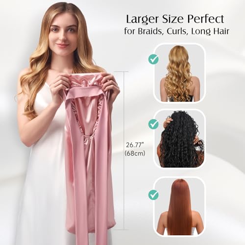 YFONG 22 Momme 100% Mulberry Silk Bonnet for Sleeping Women Long Hair, Double-Layered Silk Hair Bonnet with Elastic Tie Band, Extra Long Sleep Cap for Braids Curly Hair Care, 1Pc, Pink