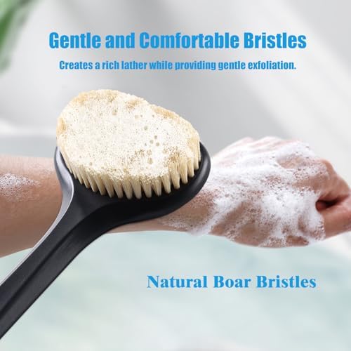 VANZAVANZU Dry Brushing Body Brush, 17-Inch Anti-Slip Handle Back Scrubber for Shower, Wet & Dry Brush with Natural Boar Bristles for Lymphatic Drainage, for Men & Women, Boar Bristles