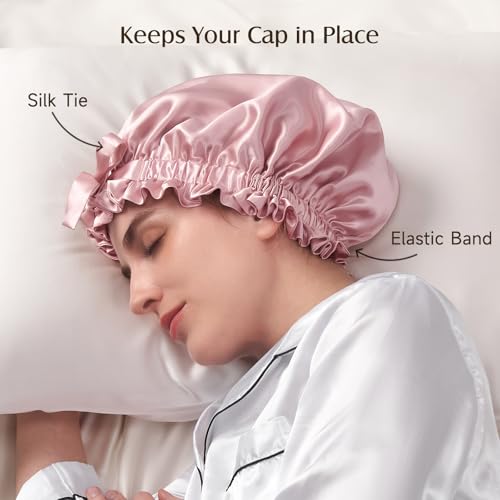 YFONG Double Layered 100% Mulberry Silk Bonnet for Sleeping Women, Large 22MM Luxury Silk Sleep Cap with Elastic Band & Tie, Natural Night Hair Wrap for Hair Care Short Long Curly Hair, Pink