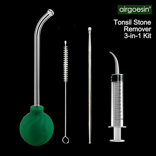 Airgoesin 3-In-1 Tonsil Stone Removal Remover Kit, Tonsil Stone Vacuum Suction Kit, Long Tonsil Stone Stainless Steel Pick 18cm/ 7” with Protection Cap, Curved Oral Irrigation Syringe 12ml with Scale