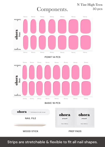ohora Semi Cured Gel Nail Strips (N Tint High-Teen) - Pink, Tint, Works with Any UV/LED Lamps, Salon-Quality, Long Lasting, Easy to Apply & Remove - Includes 2 Prep Pads, Nail File & Wooden Stick